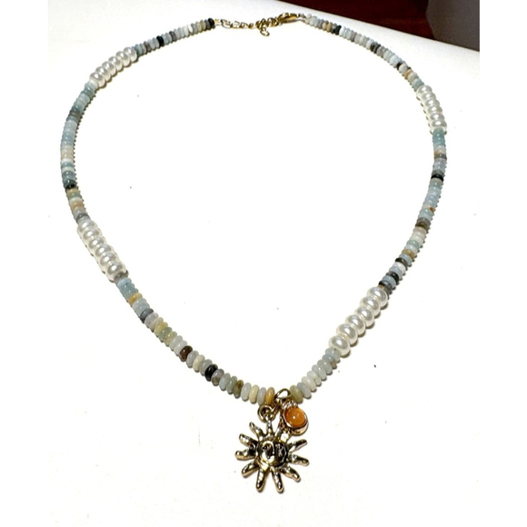 Handmade Jewelry - Handmade Sun Charm Necklace with Amazonite, Pearls & Gold Accents